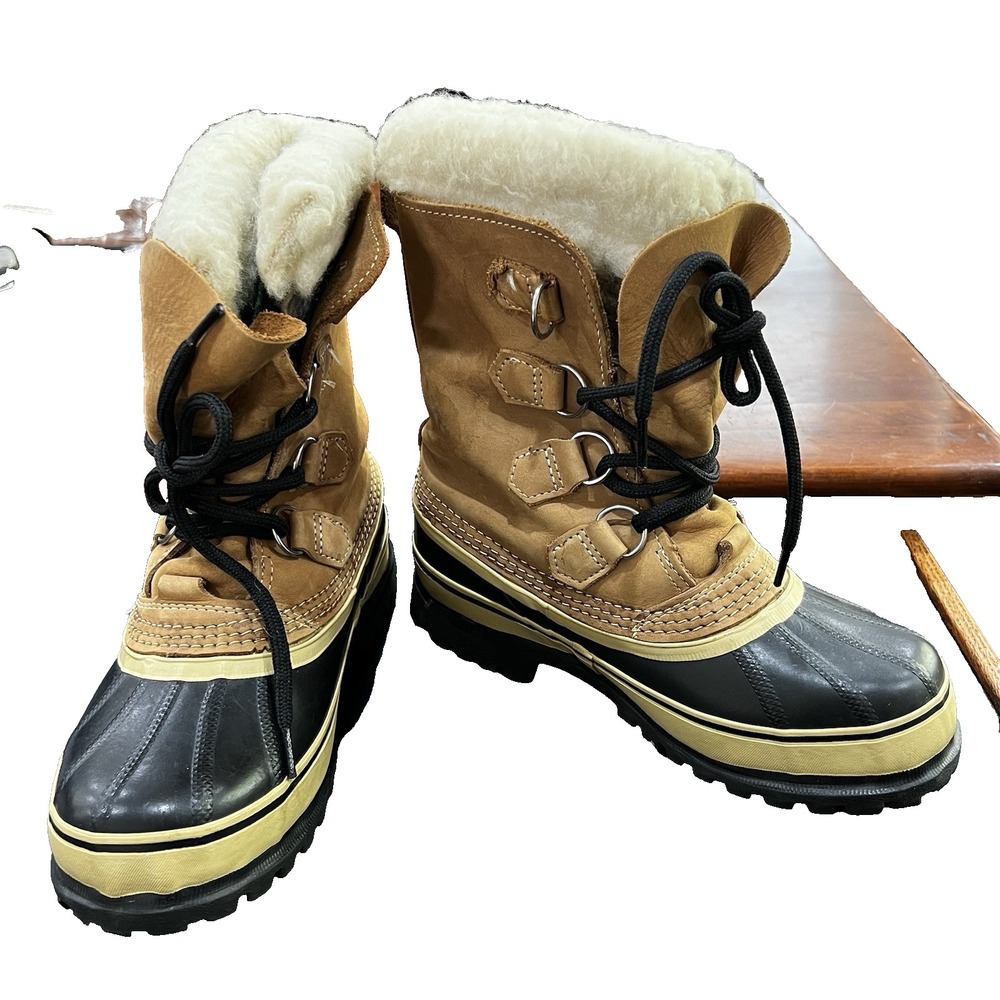 SOREL Caribou Tan Leather Black Rubber Insulated Winter Snow Boots Women's 6